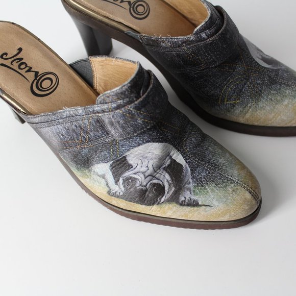 ICON Los Angeles Leather shoes slip on heels mules sz 9.5 cute dog PUG art Jeon - Picture 7 of 16